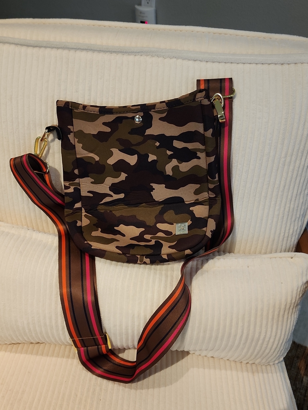Tru Colors Camouflage Crossbody Bag with Striped Adjustable Strap - Brown